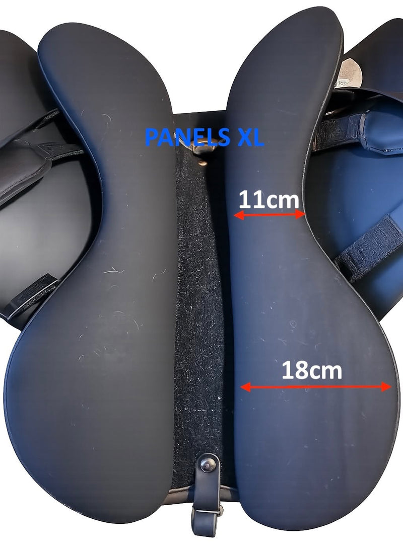 Diagramma della parte inferiore di una sella Ghost con cuscini misura XL, con frecce rosse che indicano la larghezza di 11 cm nella parte centrale e 18 cm nella parte posteriore.