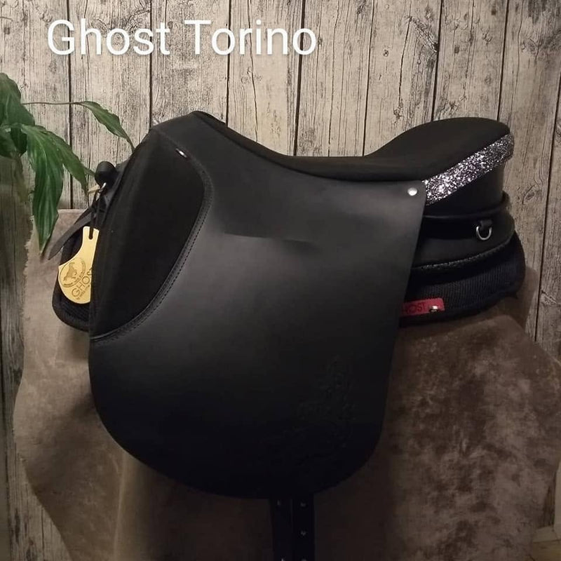 Sella senza arcione Ghost modello Torino in pelle nera con dettagli glitter sulla paletta