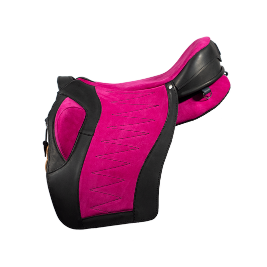 Sella senza arcione Ghost Barocco Classic bicolore nera e fucsia in scamosciato con ricamo a zig-zag