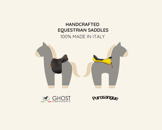 Selle artigianali equitazione Ghost e Purosangue su cavalli stilizzati, 100% Made in Italy, vista frontale